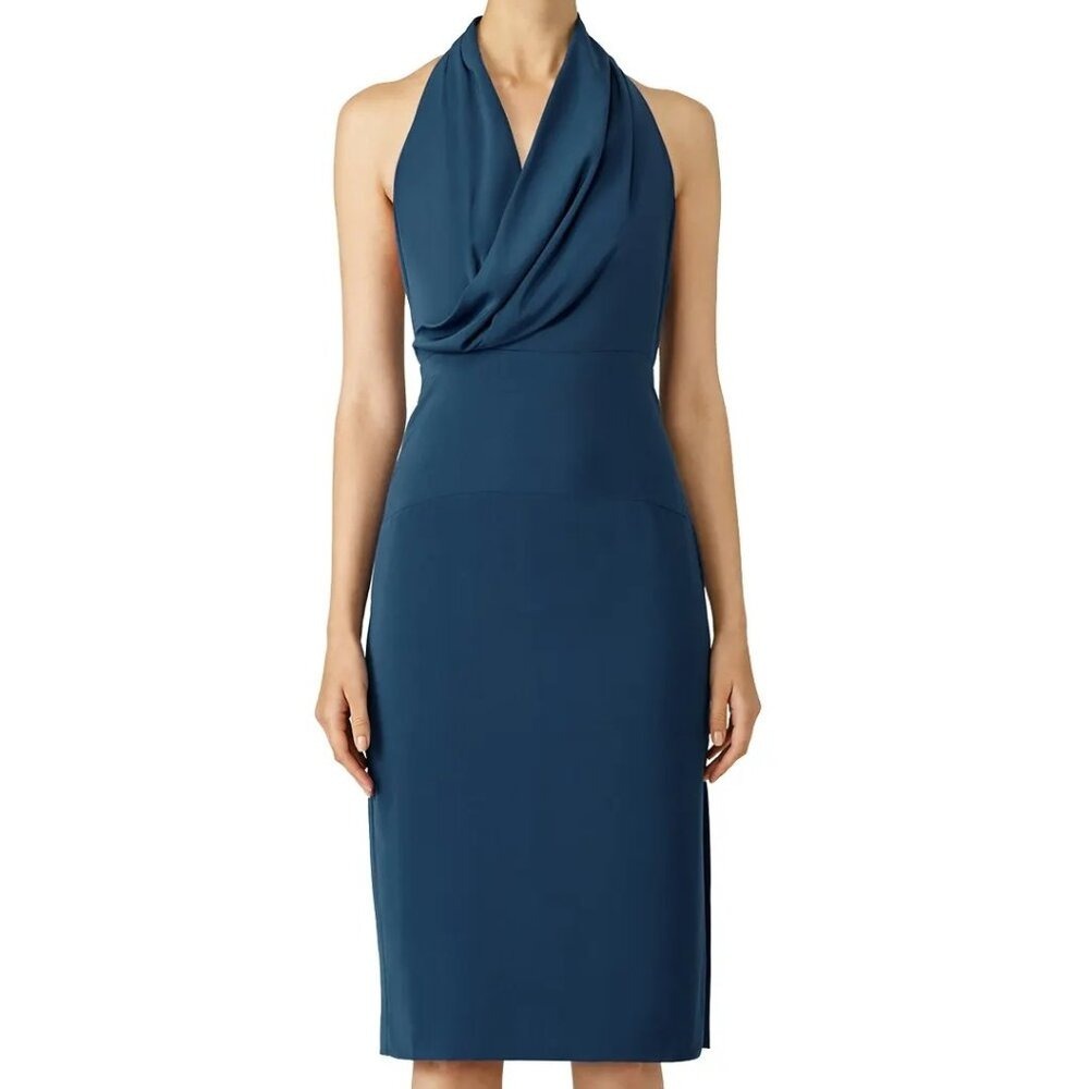 KEEPSAKE Wedding Guest Halter Cowl Neck Midi Cocktail Dress Teal‎ Blue XS
